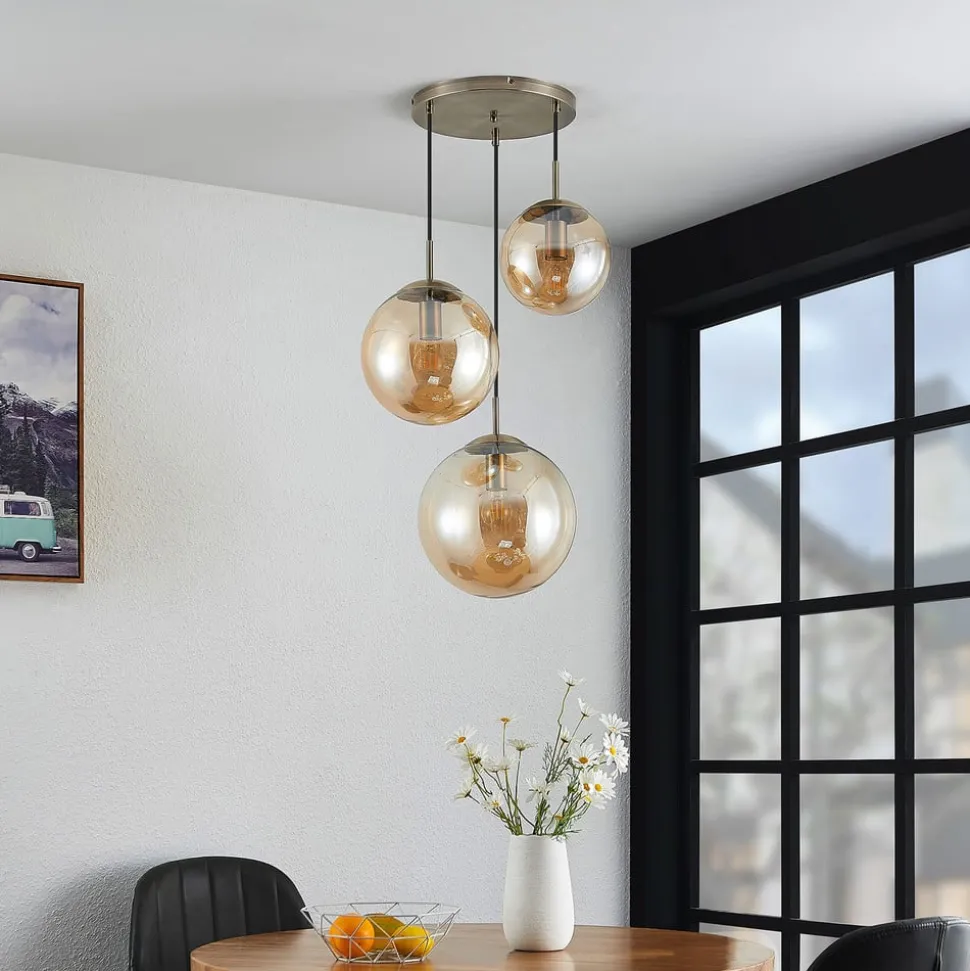 Lindby hanglamp Teeja, amber, 3-lamps, Ø52cm, glas, E27