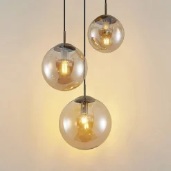 Lindby hanglamp Teeja, amber, 3-lamps, Ø52cm, glas, E27