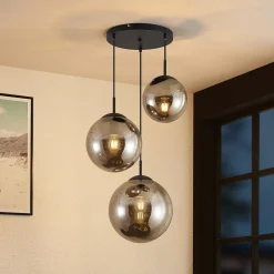 Lindby hanglamp Teeja, rook, 3-lamps, Ø52cm, glas, E27