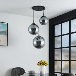 Lindby hanglamp Teeja, rook, 3-lamps, Ø52cm, glas, E27