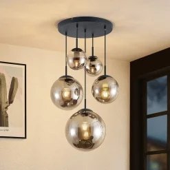 Lindby hanglamp Teeja, rook, 5-lamps, Ø50cm, glas, E27