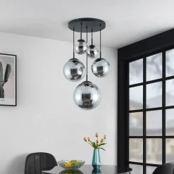 Lindby hanglamp Teeja, rook, 5-lamps, Ø50cm, glas, E27