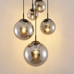 Lindby hanglamp Teeja, rook, 5-lamps, Ø50cm, glas, E27