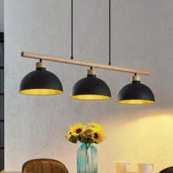 Lindby hanglamp Tirzana, 3-lamps, zwart, metaal, hout