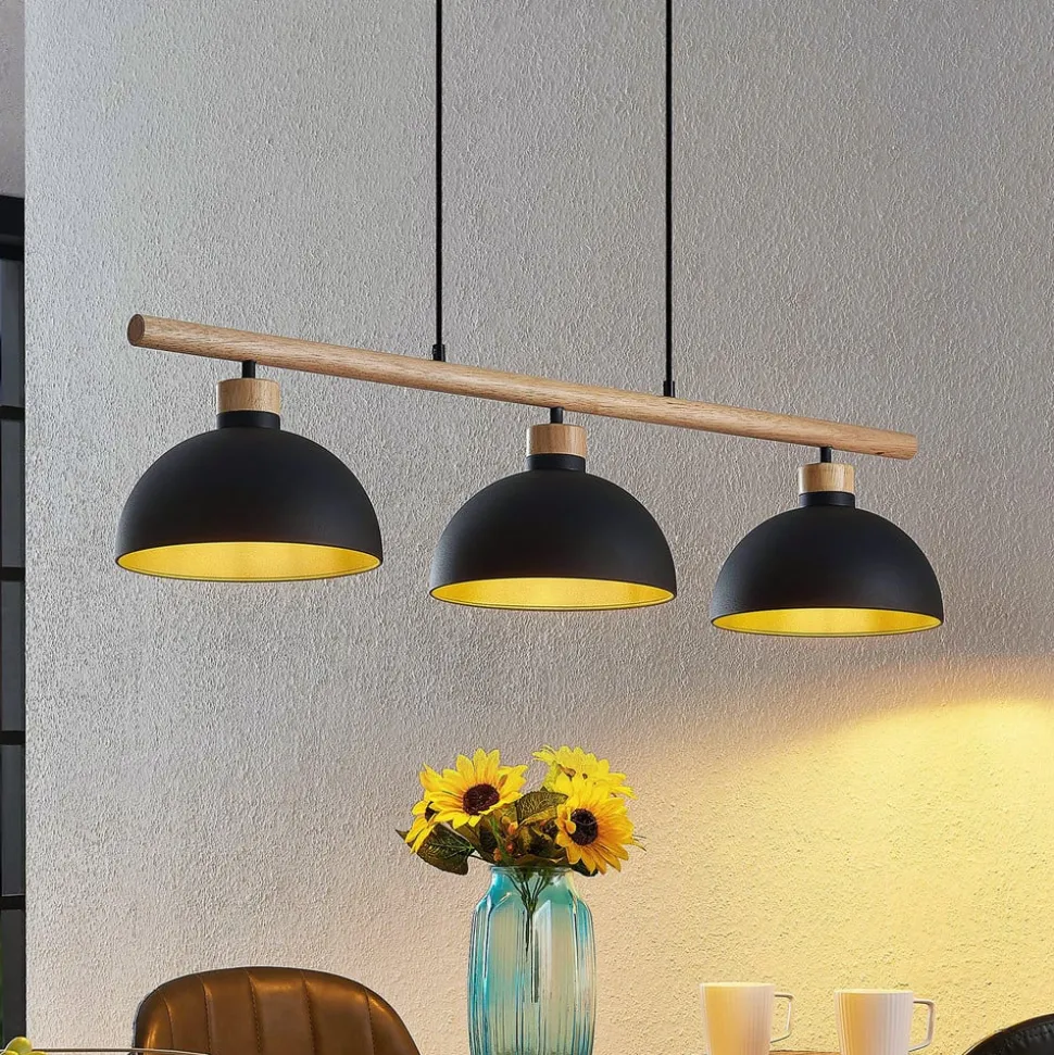 Lindby hanglamp Tirzana, 3-lamps, zwart, metaal, hout