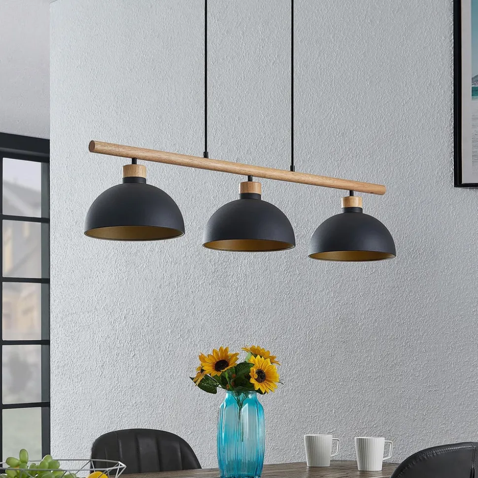 Lindby hanglamp Tirzana, 3-lamps, zwart, metaal, hout