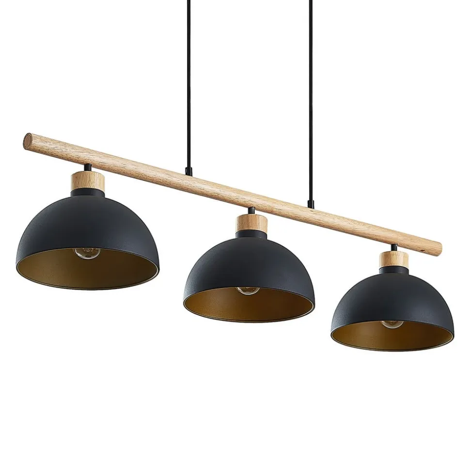 Lindby hanglamp Tirzana, 3-lamps, zwart, metaal, hout