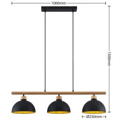 Lindby hanglamp Tirzana, 3-lamps, zwart, metaal, hout