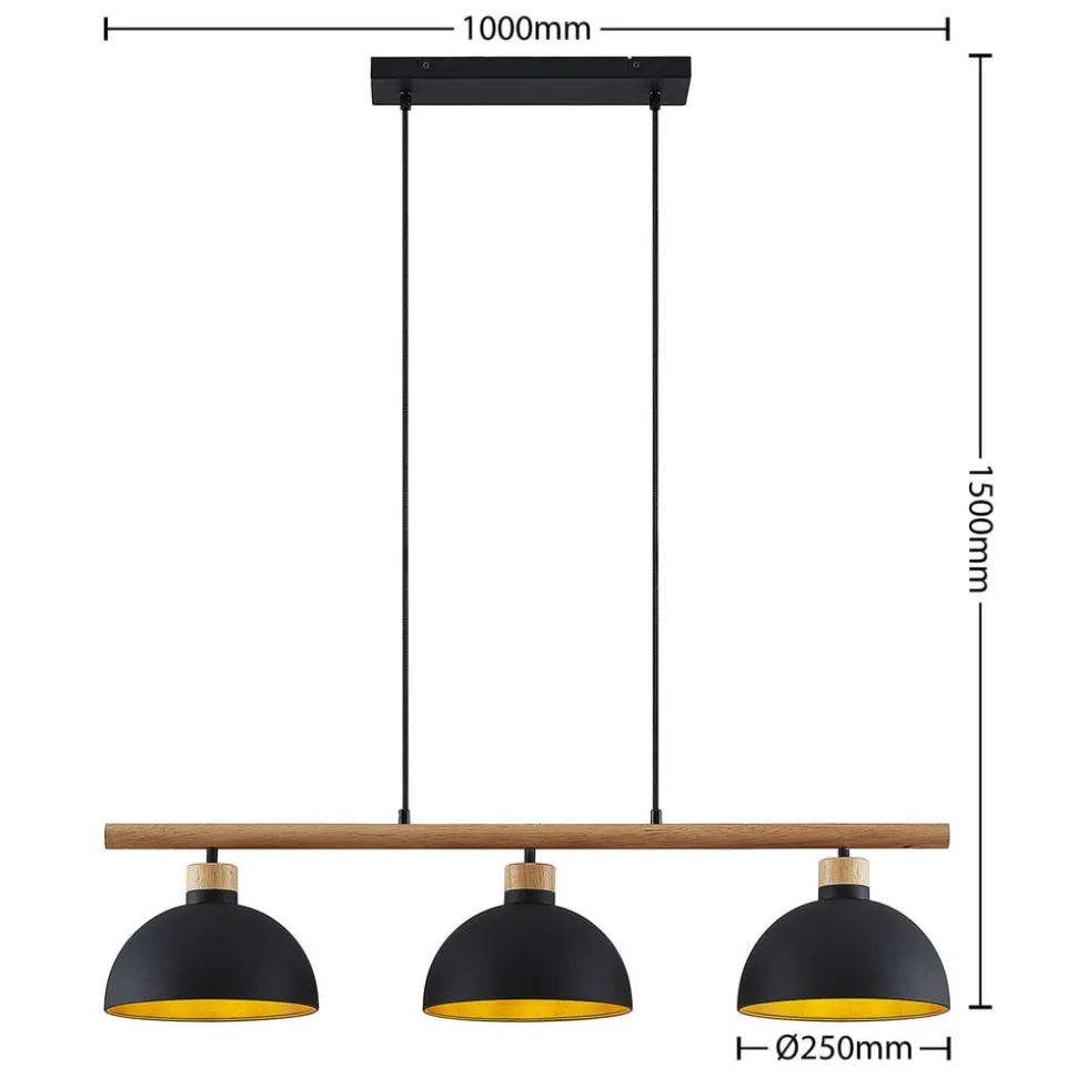Lindby hanglamp Tirzana, 3-lamps, zwart, metaal, hout