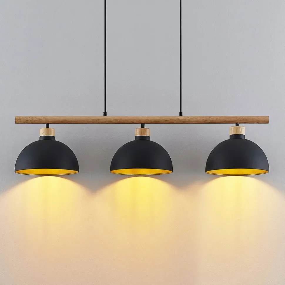 Lindby hanglamp Tirzana, 3-lamps, zwart, metaal, hout