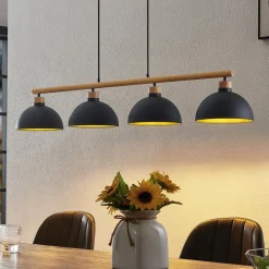 Lindby hanglamp Tirzana, 4-lamps, zwart, metaal, hout