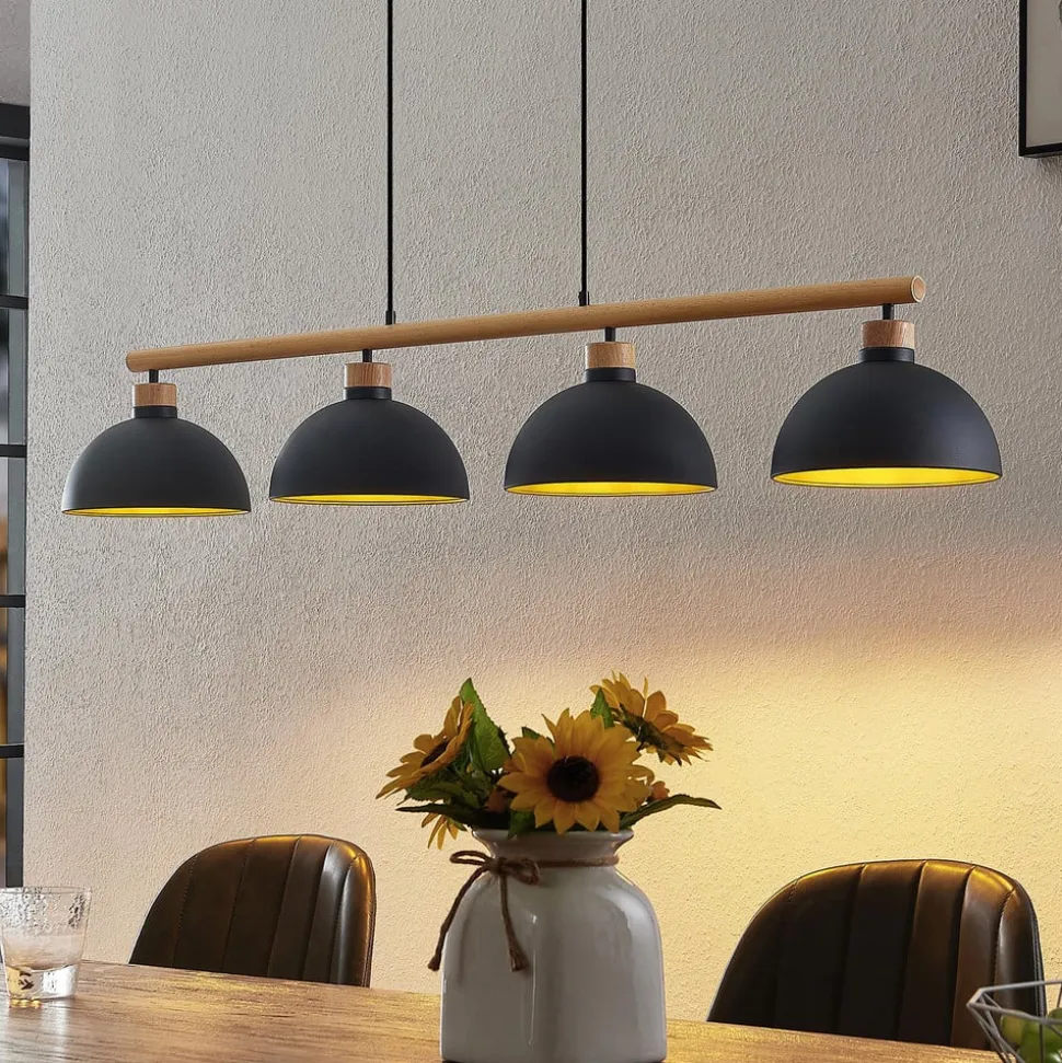 Lindby hanglamp Tirzana, 4-lamps, zwart, metaal, hout