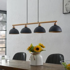 Lindby hanglamp Tirzana, 4-lamps, zwart, metaal, hout