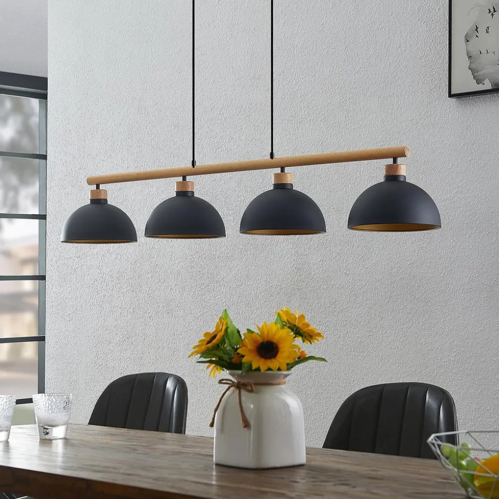 Lindby hanglamp Tirzana, 4-lamps, zwart, metaal, hout