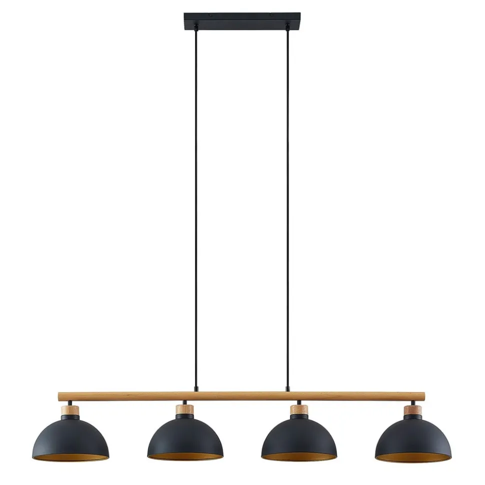 Lindby hanglamp Tirzana, 4-lamps, zwart, metaal, hout