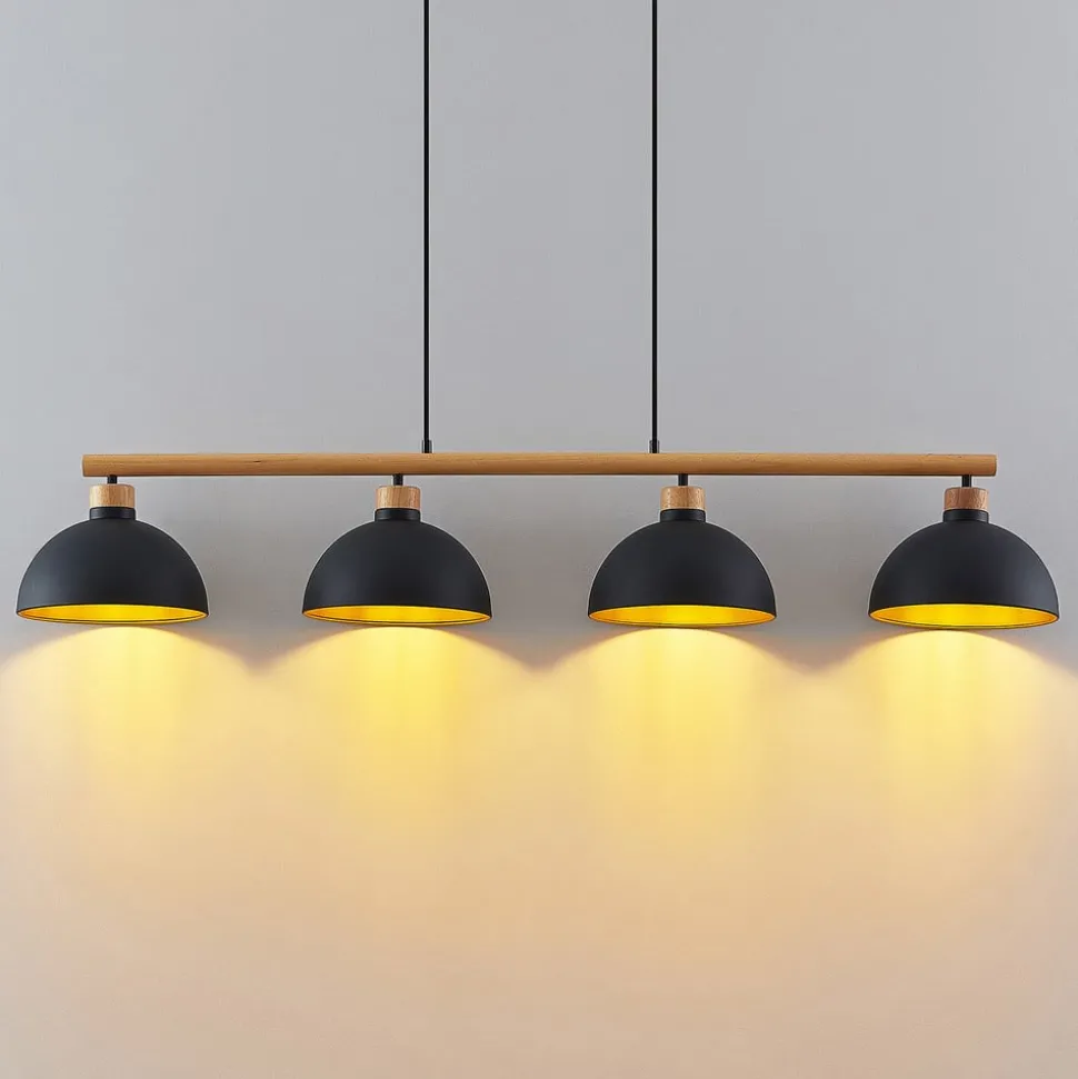 Lindby hanglamp Tirzana, 4-lamps, zwart, metaal, hout