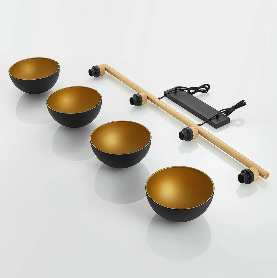 Lindby hanglamp Tirzana, 4-lamps, zwart, metaal, hout