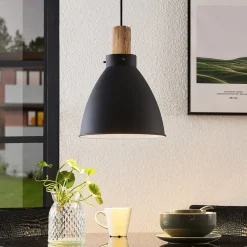Lindby hanglamp Trebale, E27, Ø 28 cm, zwart, hout