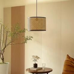 Lindby hanglamp Yaelle, Ø 40 cm, rotan, zwart, E27