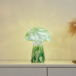 Lindby Hubi tafellamp, groen, glas, Ø 22 cm, paddestoelvorm