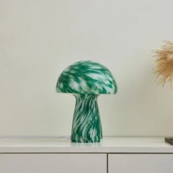 Lindby Hubi tafellamp, groen, glas, Ø 22 cm, paddestoelvorm