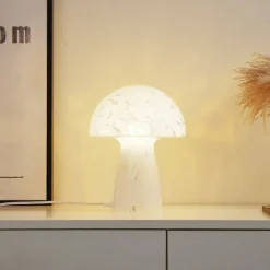 Lindby Hubi tafellamp, wit, glas, Ø 22 cm, paddestoelvorm