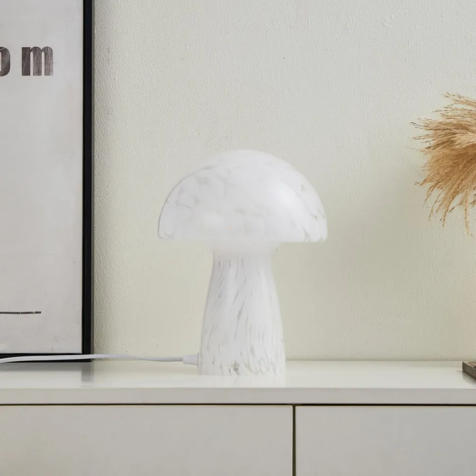 Lindby Hubi tafellamp, wit, glas, Ø 22 cm, paddestoelvorm