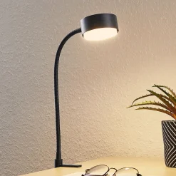 Lindby Kaylou klemlamp, zwart, flexibele arm, aluminium