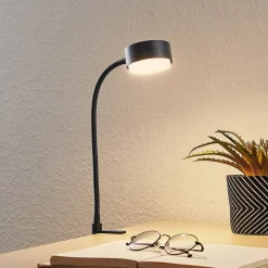 Lindby Kaylou klemlamp, zwart, flexibele arm, aluminium