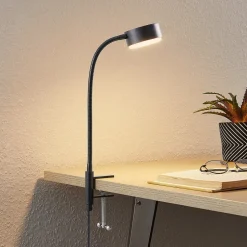 Lindby Kaylou klemlamp, zwart, flexibele arm, aluminium