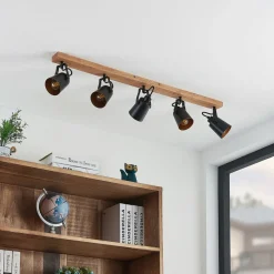 Lindby Kimban plafondspot, 5-lamps, 106 cm, hout, metaal