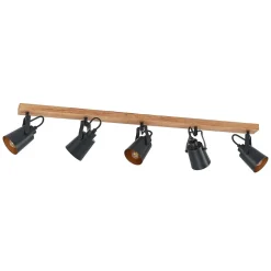 Lindby Kimban plafondspot, 5-lamps, 106 cm, hout, metaal