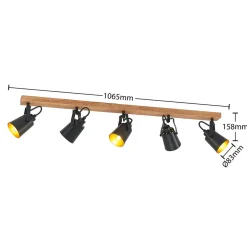 Lindby Kimban plafondspot, 5-lamps, 106 cm, hout, metaal