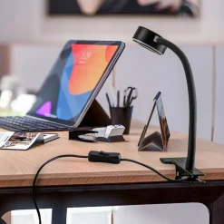 Lindby klemlamp Jyla, zwart, 2700K, flexibele arm, GX53