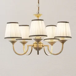 Lindby kroonluchter Lumiel, 5-lichts, crème/messing, textiel