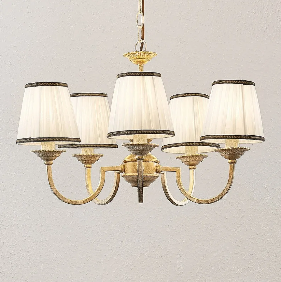 Lindby kroonluchter Lumiel, 5-lichts, crème/messing, textiel