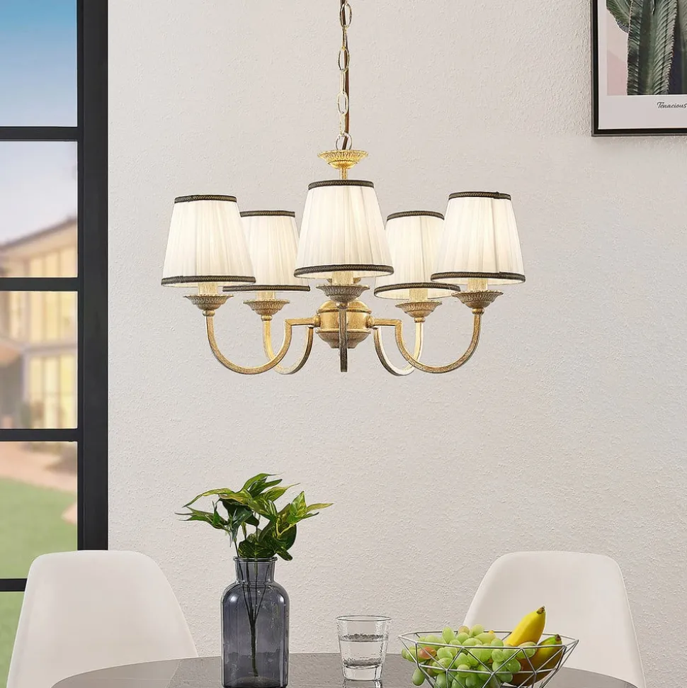 Lindby kroonluchter Lumiel, 5-lichts, crème/messing, textiel