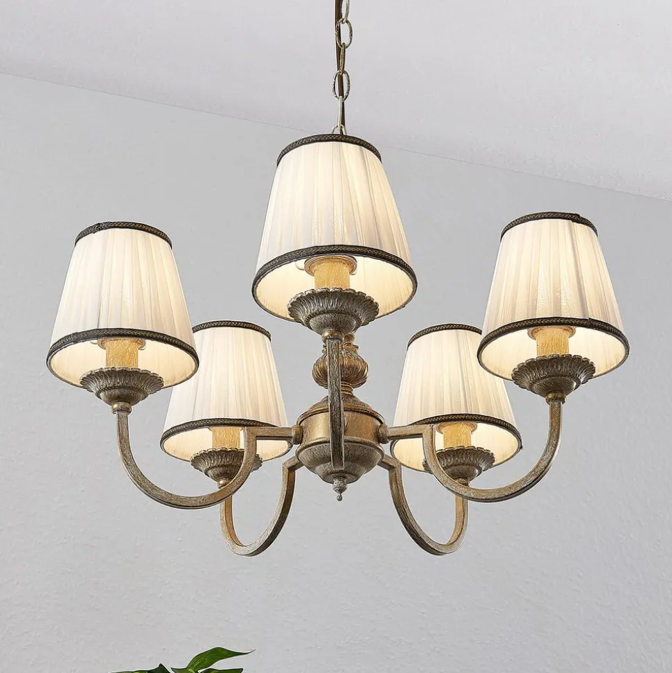 Lindby kroonluchter Lumiel, 5-lichts, crème/messing, textiel