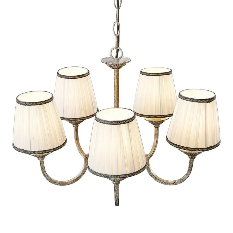Lindby kroonluchter Lumiel, 5-lichts, crème/messing, textiel