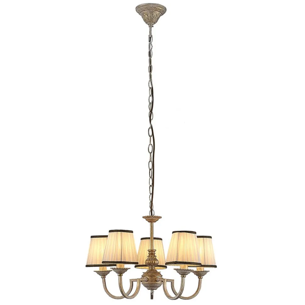 Lindby kroonluchter Lumiel, 5-lichts, crème/messing, textiel