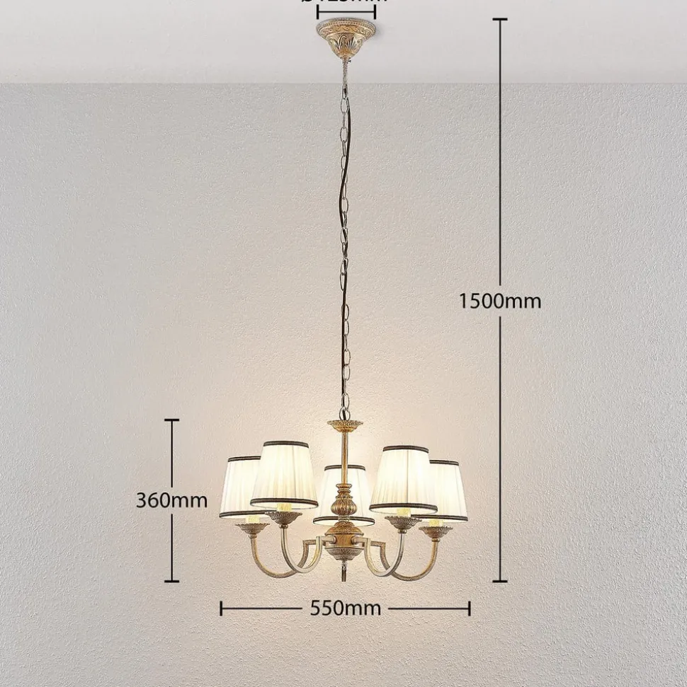 Lindby kroonluchter Lumiel, 5-lichts, crème/messing, textiel