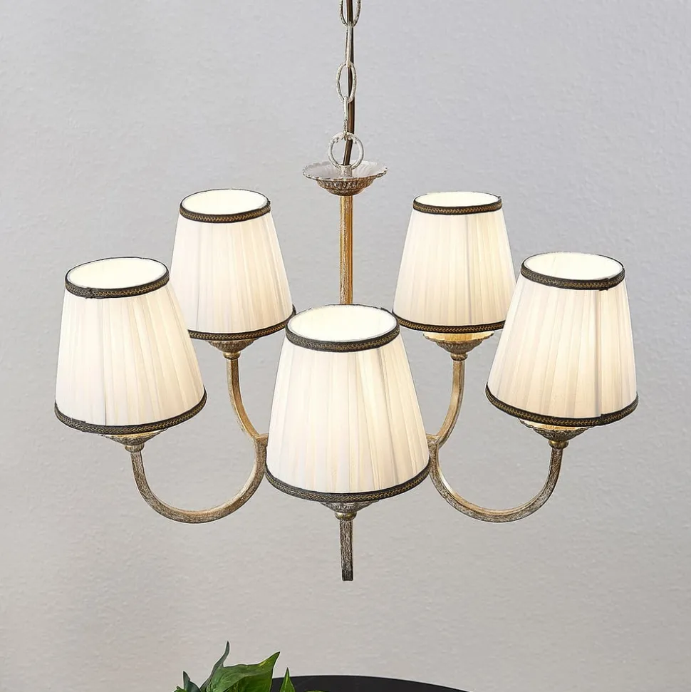 Lindby kroonluchter Lumiel, 5-lichts, crème/messing, textiel