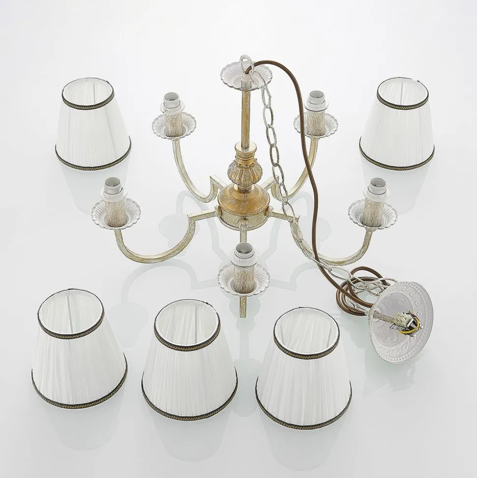 Lindby kroonluchter Lumiel, 5-lichts, crème/messing, textiel