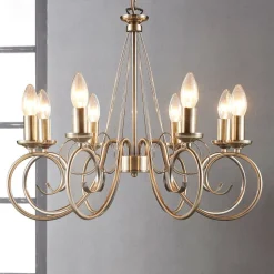 Lindby kroonluchter Marnia, 8-lamps, Ø 53 cm, antiek messing, E14