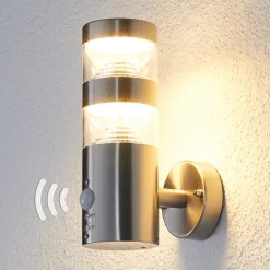 Lindby LED buiten wandlamp Lanea, 22 cm, roestvrij staal, sensor