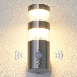 Lindby LED buiten wandlamp Lanea, 22 cm, roestvrij staal, sensor