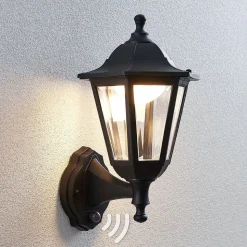 Lindby LED buiten wandlamp Iavo, sensor, zwart, lantaarn