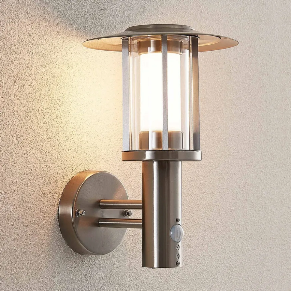 Lindby LED buiten wandlamp Gregory, sensor, roestvrij staal, IP44