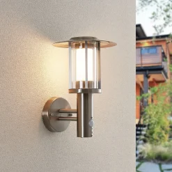 Lindby LED buiten wandlamp Gregory, sensor, roestvrij staal, IP44