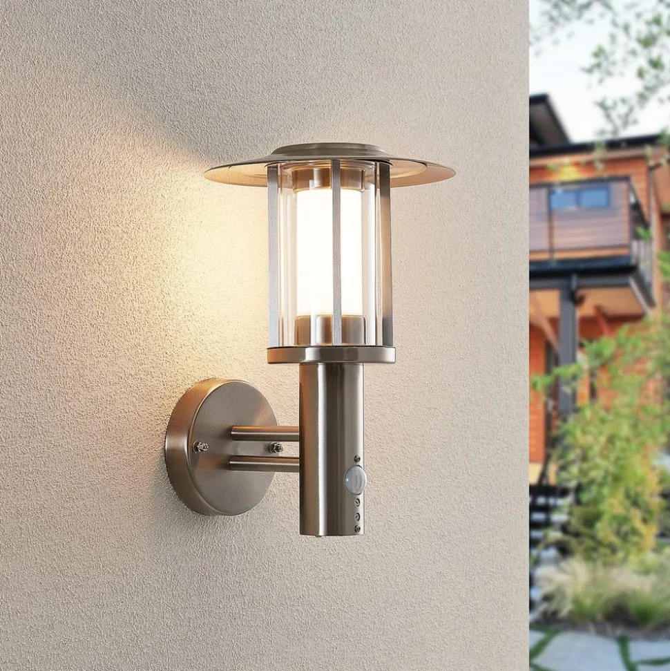 Lindby LED buiten wandlamp Gregory, sensor, roestvrij staal, IP44